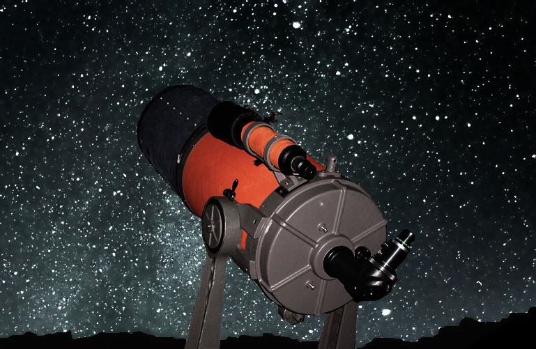 A classic Celestron 14 Telescope; this image  is a photoshop composite of two seperate photos, it would not be that easy to get a real photo like this in one shot!